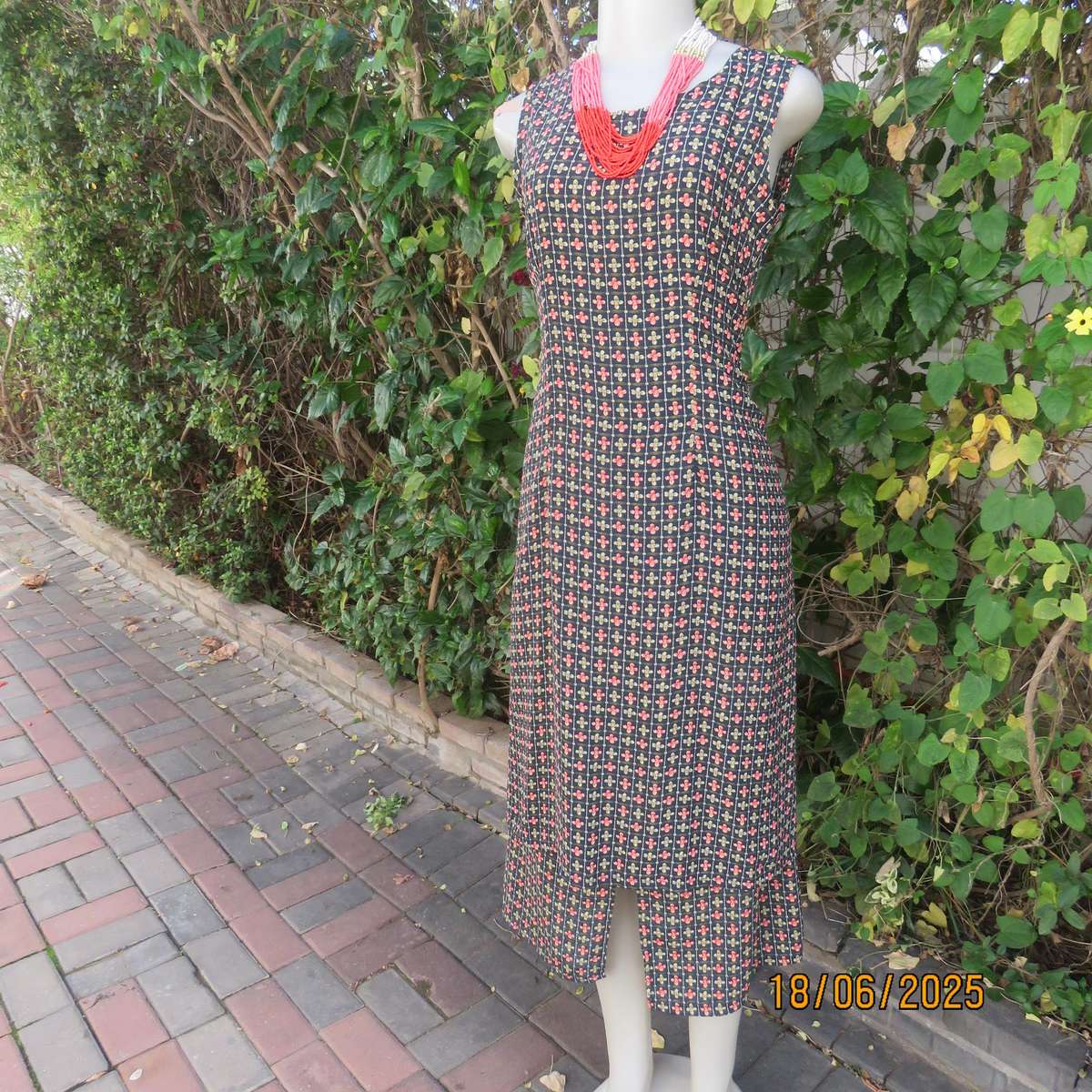 Navy ankle length floral pattern stripe dress - crimson-green. Unique style. Size 34