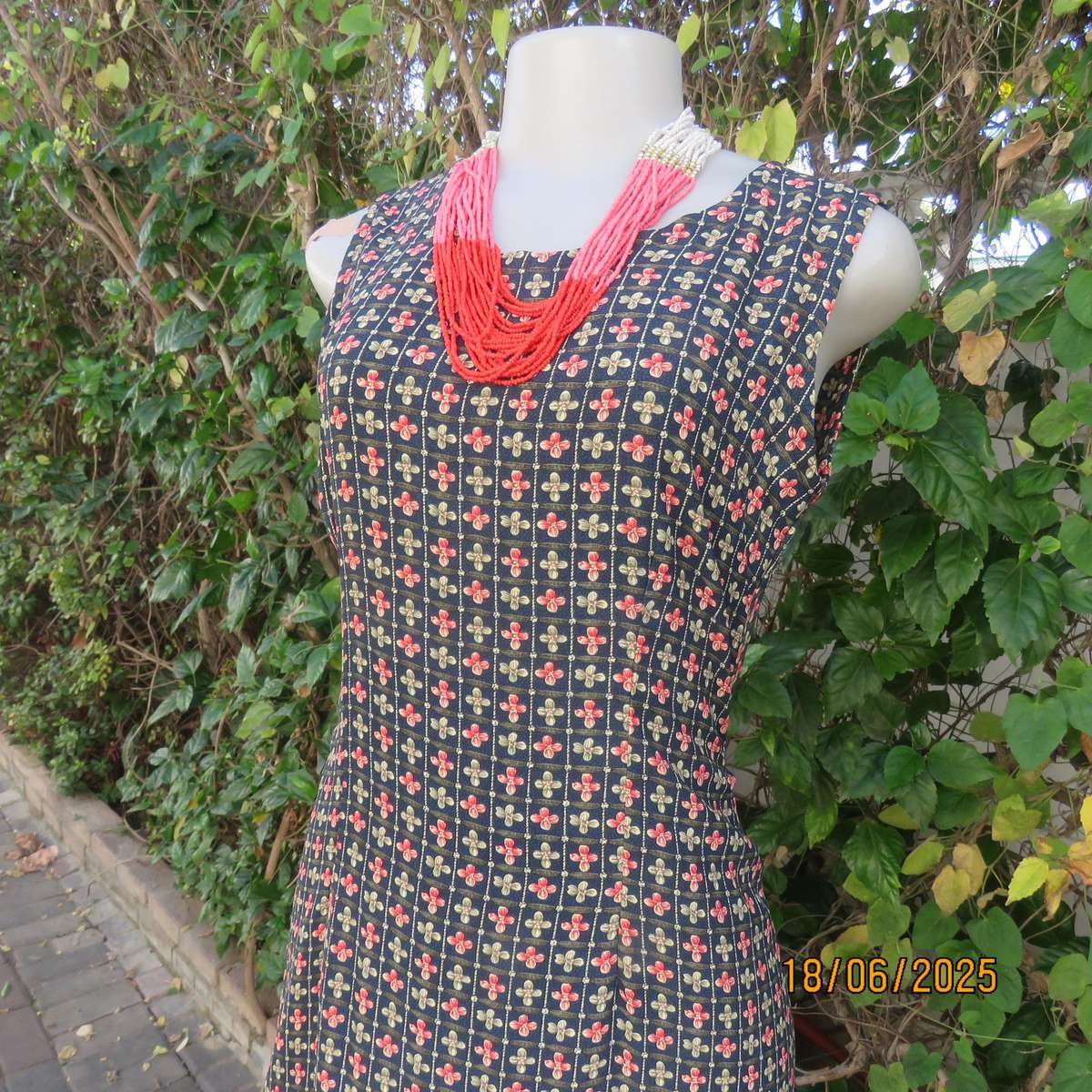 Navy ankle length floral pattern stripe dress - crimson-green. Unique style. Size 34