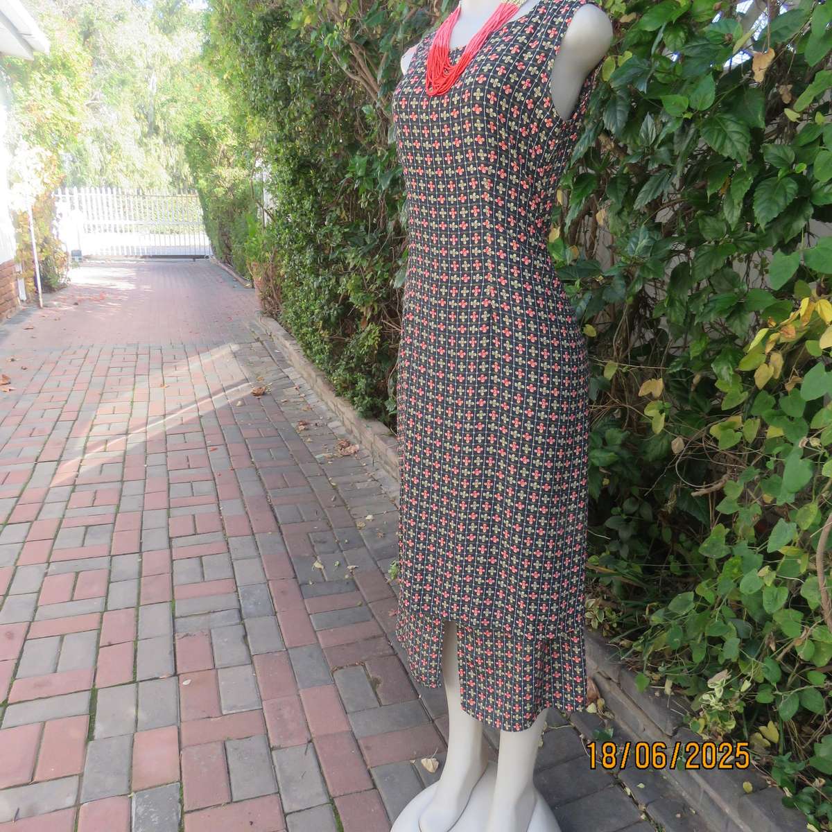 Navy ankle length floral pattern stripe dress - crimson-green. Unique style. Size 34