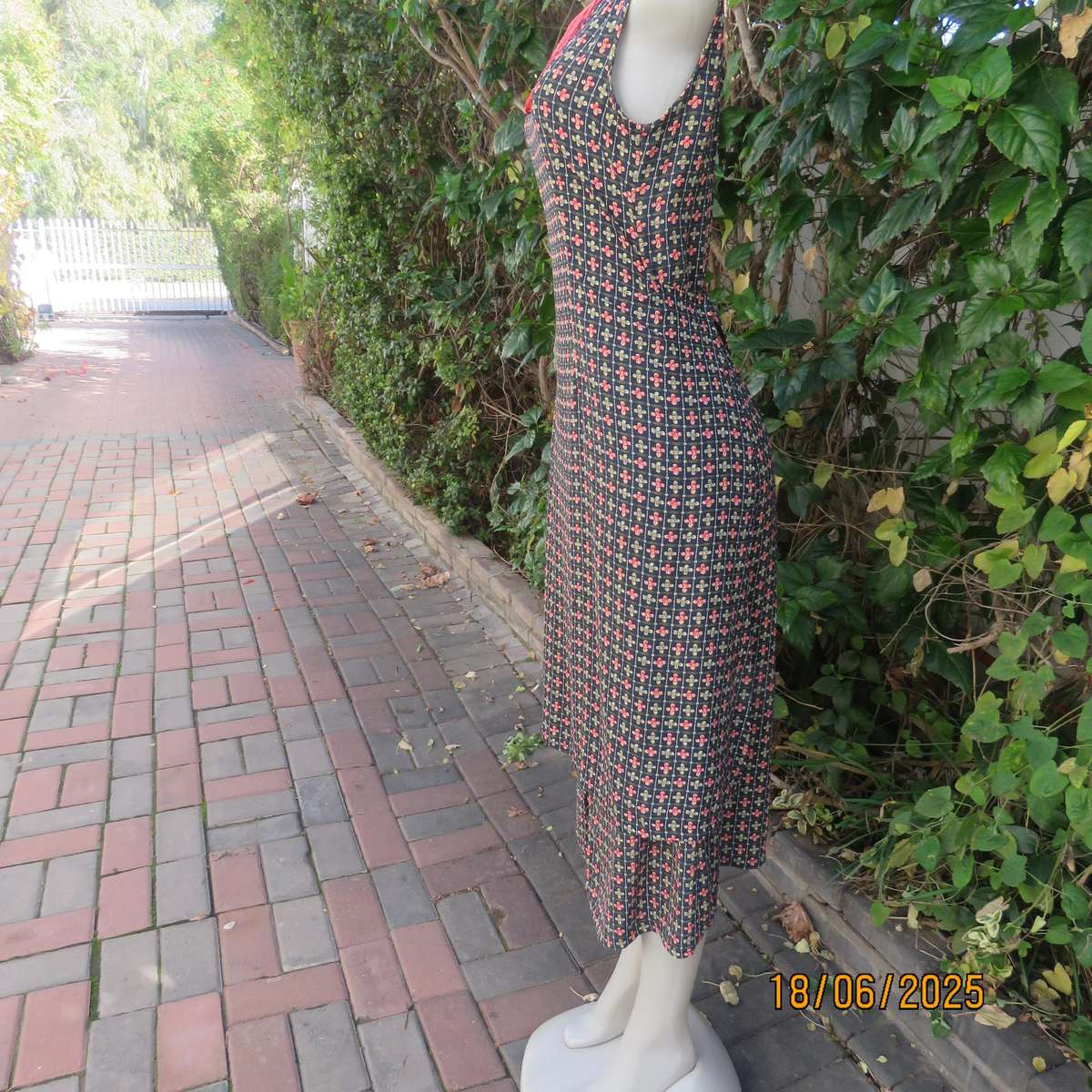 Navy ankle length floral pattern stripe dress - crimson-green. Unique style. Size 34