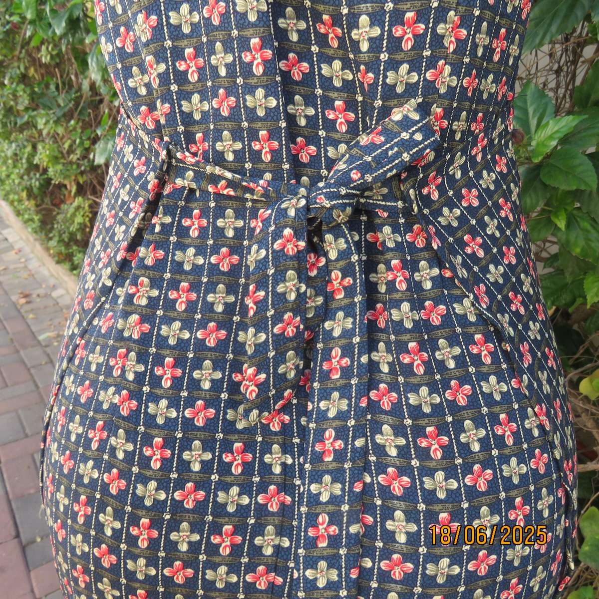 Navy ankle length floral pattern stripe dress - crimson-green. Unique style. Size 34