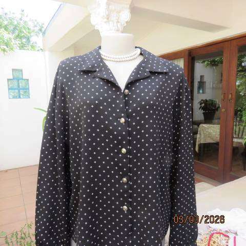 MERIEN HALL Black Polyester Long Sleeve Blouse with White Print, Size 42-44