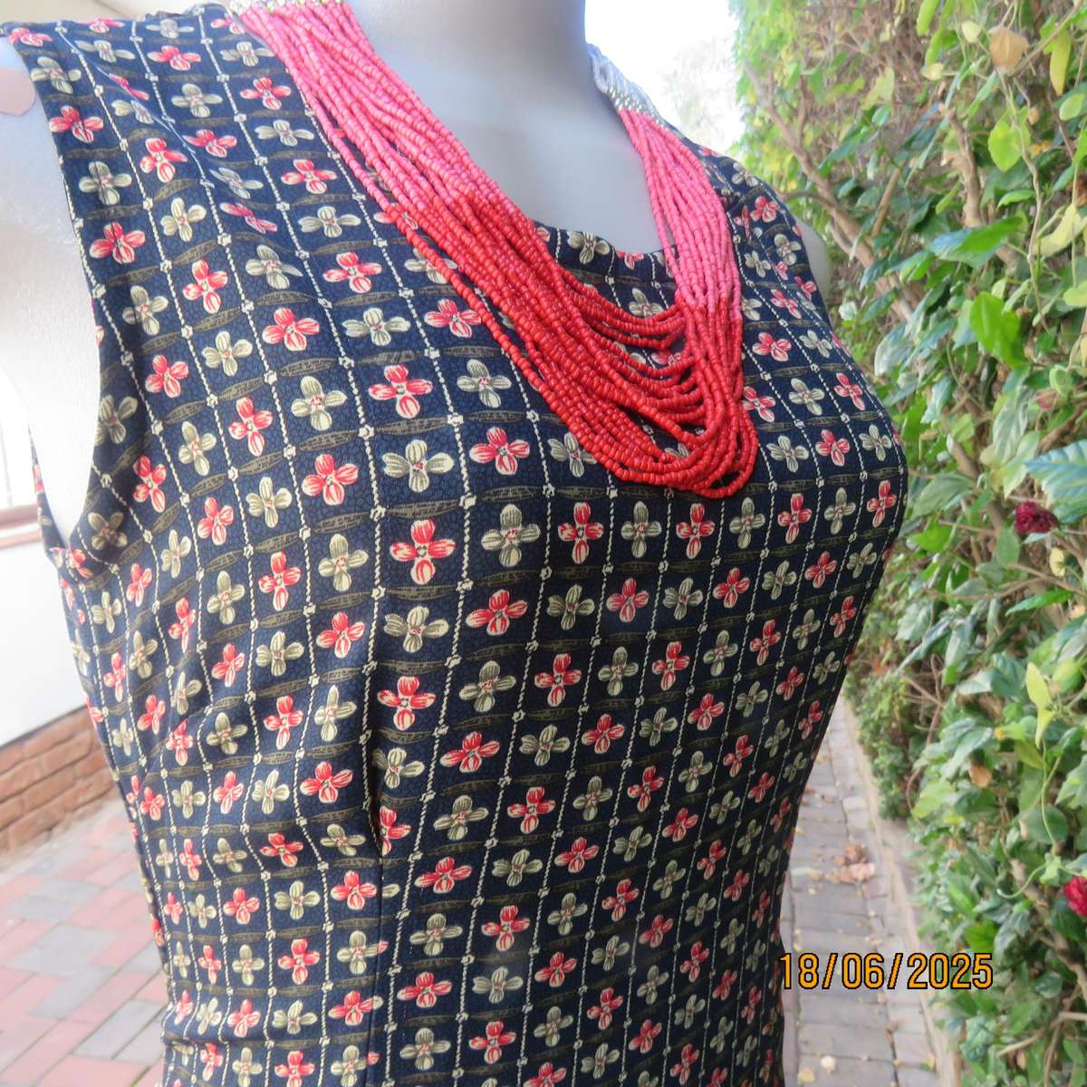 Navy ankle length floral pattern stripe dress - crimson-green. Unique style. Size 34