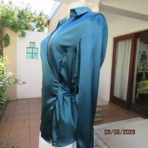 CHARTER CLUB shiny dark jade long sleeve top with crossover front, size 34