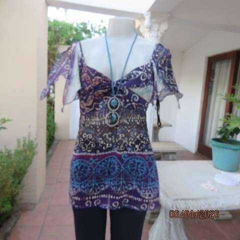 OASIS cool strappy top in blue-purple shades with triangle pieces over shoulders. Size 36