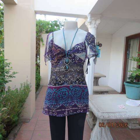 OASIS cool strappy top in blue-purple shades with triangle pieces over shoulders. Size 36