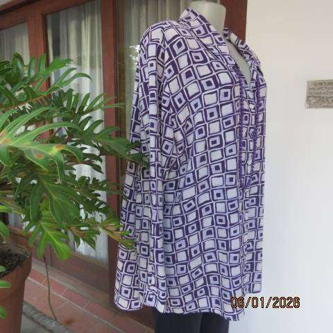 RENE TAYLOR white-purple polyester block printed long sleeve top. Button down. Size 48-50