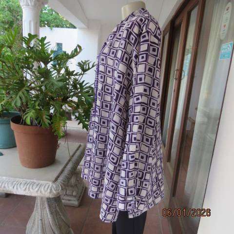 RENE TAYLOR white-purple polyester block printed long sleeve top. Button down. Size 48-50