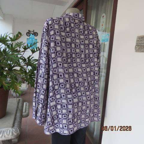 RENE TAYLOR white-purple polyester block printed long sleeve top. Button down. Size 48-50