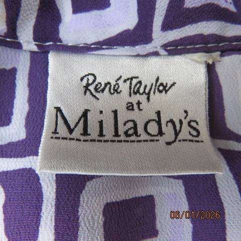 RENE TAYLOR white-purple polyester block printed long sleeve top. Button down. Size 48-50