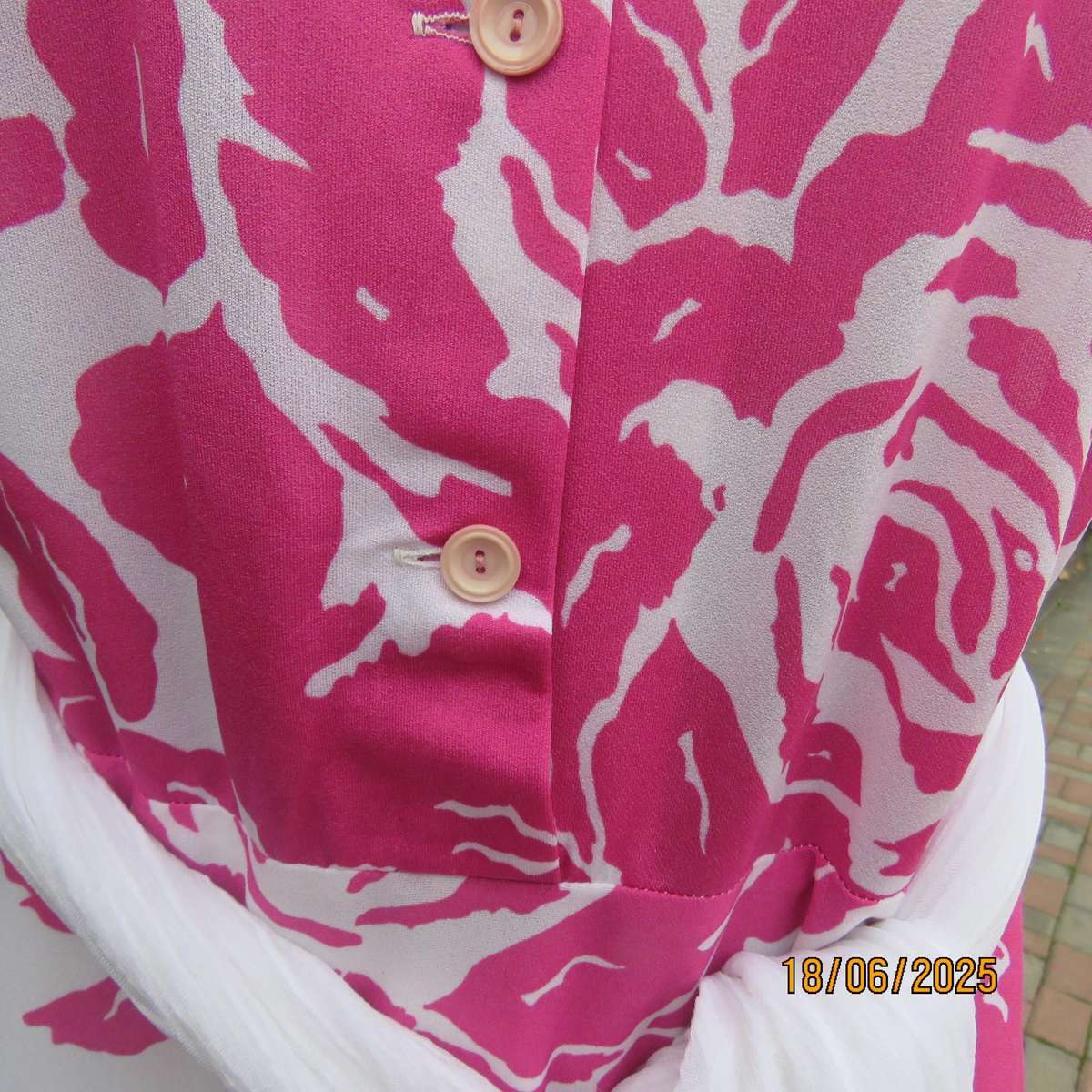 Vintage white poly-nylon stretch dress with bold magenta pink flowers. Size 38