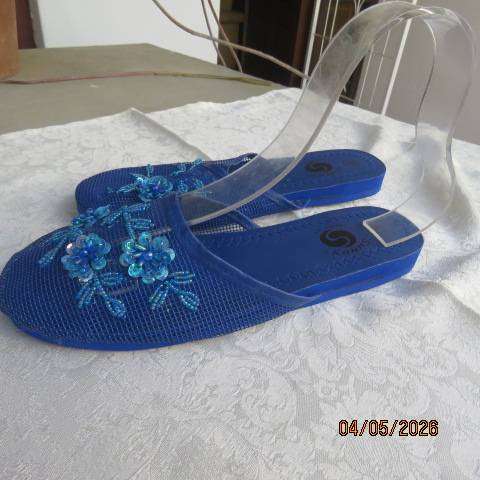SUNNY blue slip-on slippers with bead and sequin embroidery, size 7