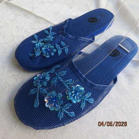 SUNNY blue slip-on slippers with bead and sequin embroidery, size 7