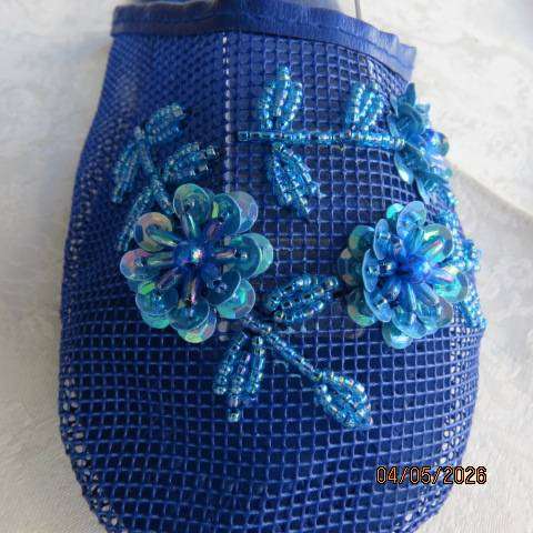 SUNNY blue slip-on slippers with bead and sequin embroidery, size 7