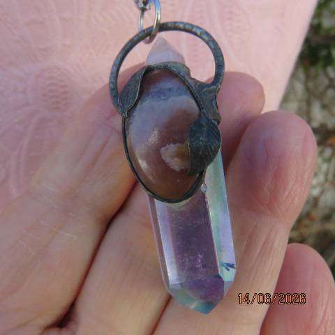 Aura quartz pendant necklace with rose quartz top crystal and grape agate front accent