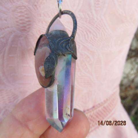 Aura quartz pendant necklace with rose quartz top crystal and grape agate front accent