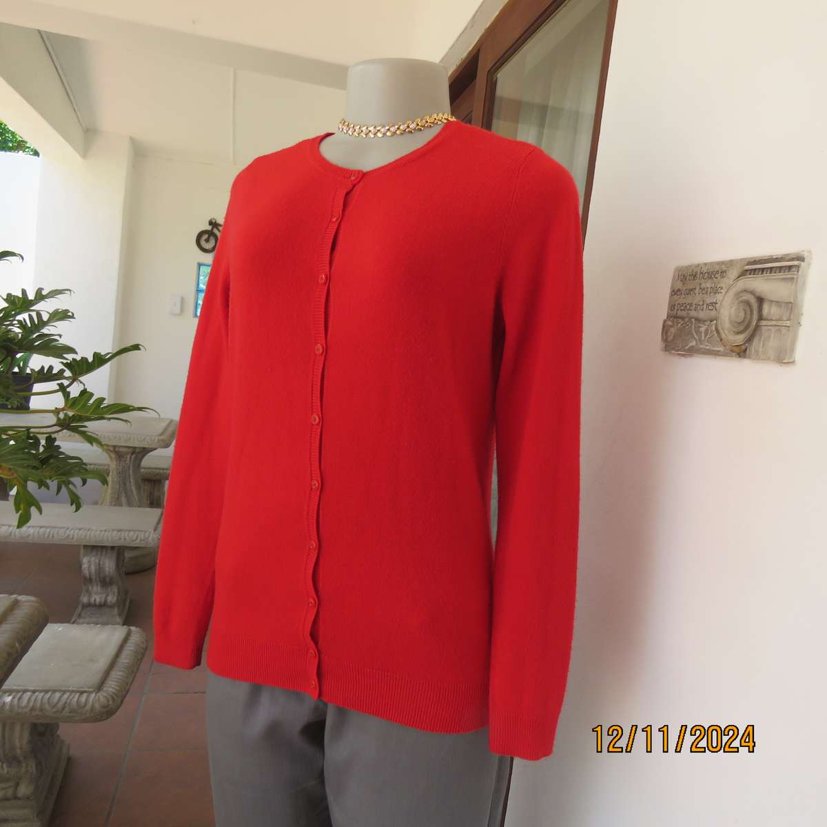 Bright red LOVE KNITWEAR long sleeve button down cardigan in 100% acrylic. Size 34. As new.