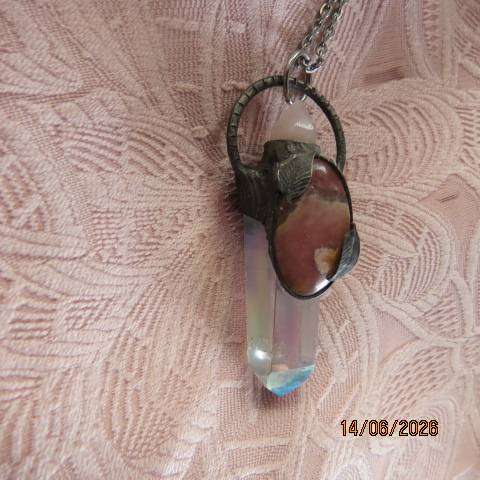 Aura quartz pendant necklace with rose quartz top crystal and grape agate front accent
