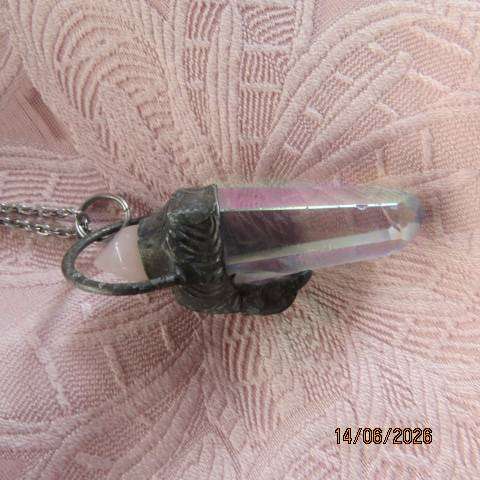 Aura quartz pendant necklace with rose quartz top crystal and grape agate front accent