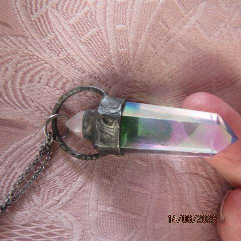Aura quartz pendant necklace with rose quartz top crystal and grape agate front accent