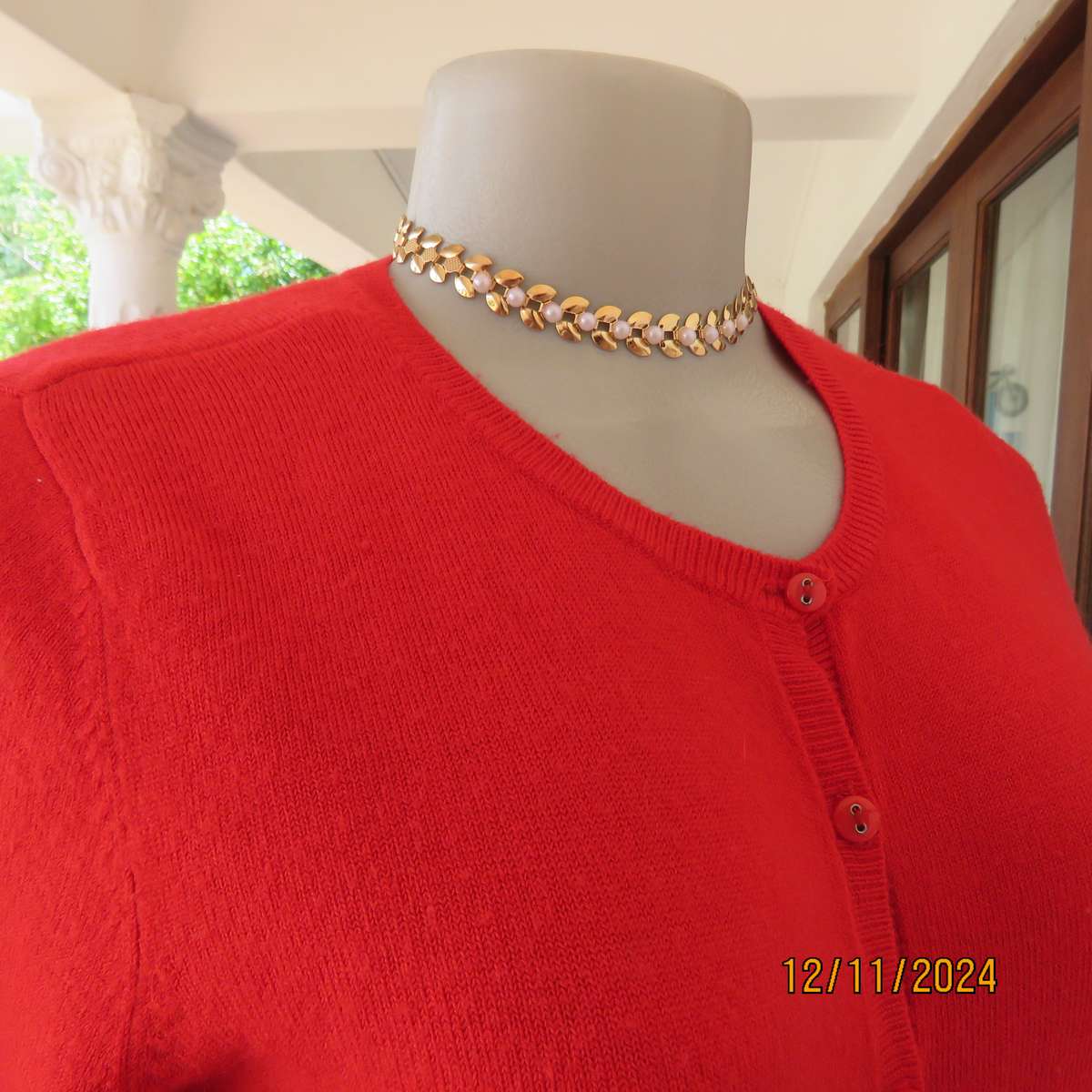 Bright red LOVE KNITWEAR long sleeve button down cardigan in 100% acrylic. Size 34. As new.