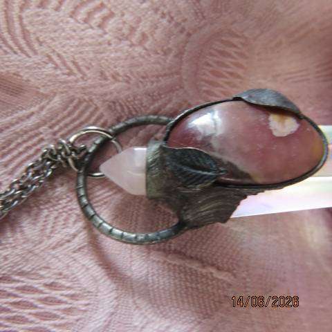 Aura quartz pendant necklace with rose quartz top crystal and grape agate front accent