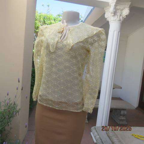 MICHELLE gold acrylic lace long sleeve top. Front slit. Wide pointed collar. Size 32