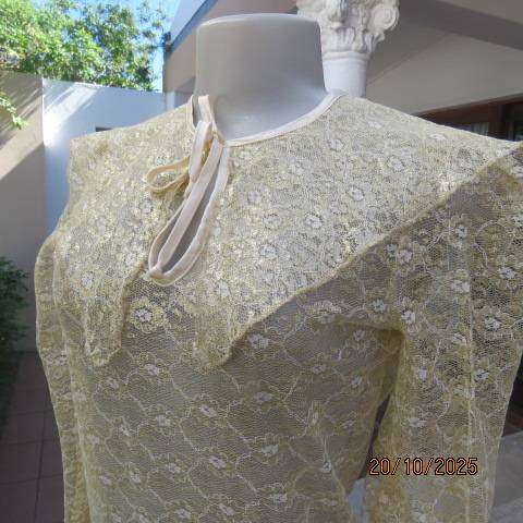 MICHELLE gold acrylic lace long sleeve top. Front slit. Wide pointed collar. Size 32