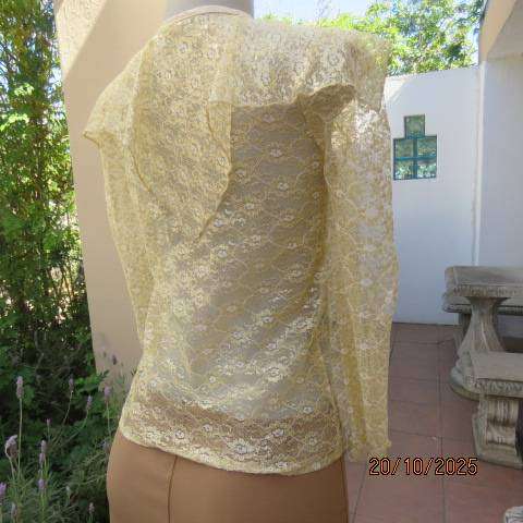 MICHELLE gold acrylic lace long sleeve top. Front slit. Wide pointed collar. Size 32
