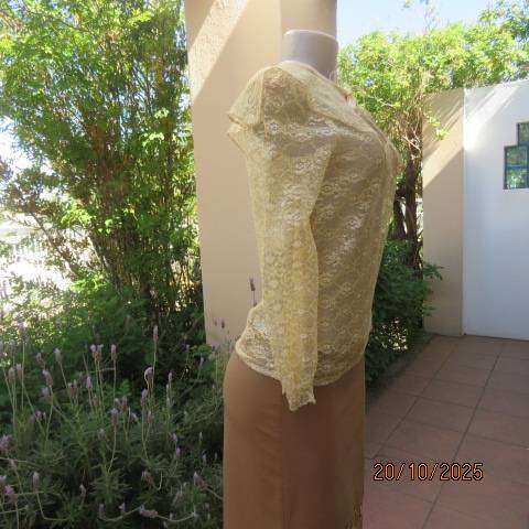 MICHELLE gold acrylic lace long sleeve top. Front slit. Wide pointed collar. Size 32