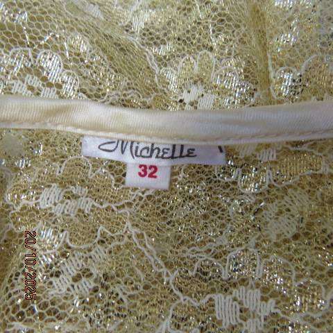 MICHELLE gold acrylic lace long sleeve top. Front slit. Wide pointed collar. Size 32