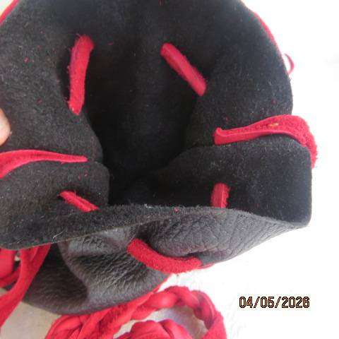 Genuine leather black handmade shoulder bag with red leather front overlay and fringed sides