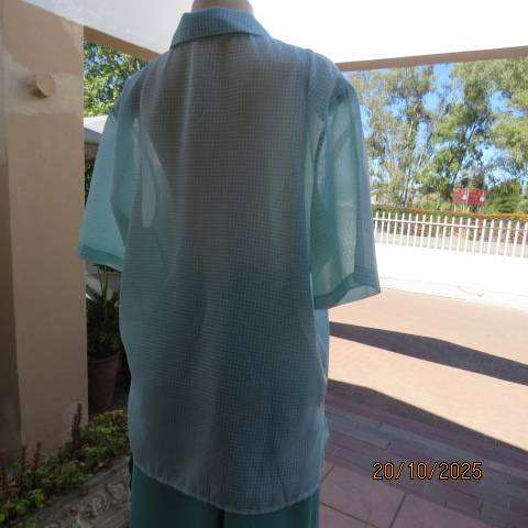 SMILEY white-green sheer polyester short sleeve button down top. Size 44