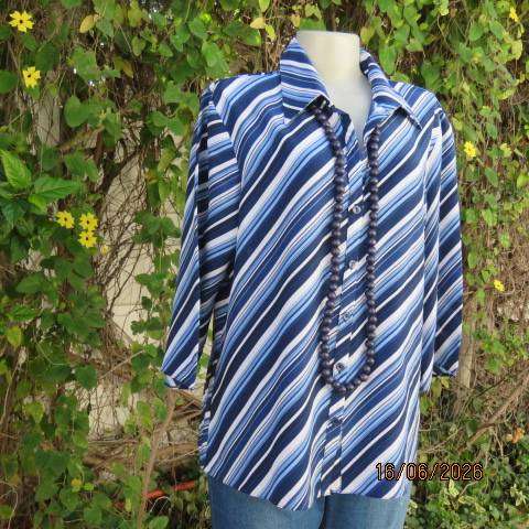 VIBRANCE navy blue and white diagonal striped silky polyester button-down top, size 40