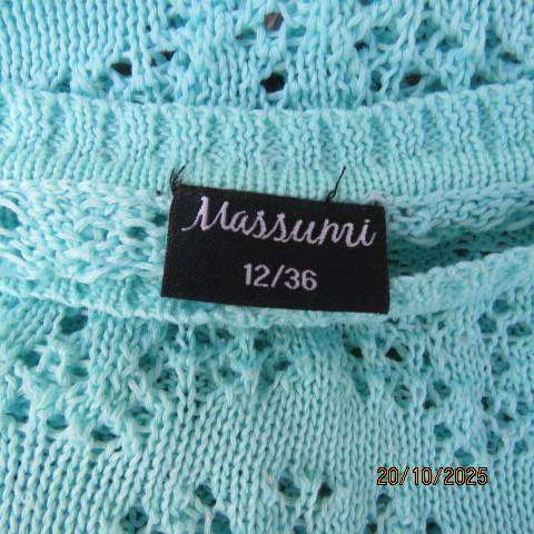 MASSUMI aqua colour acrylic-cotton lace stitch knit short sleeve top. Size 36-38