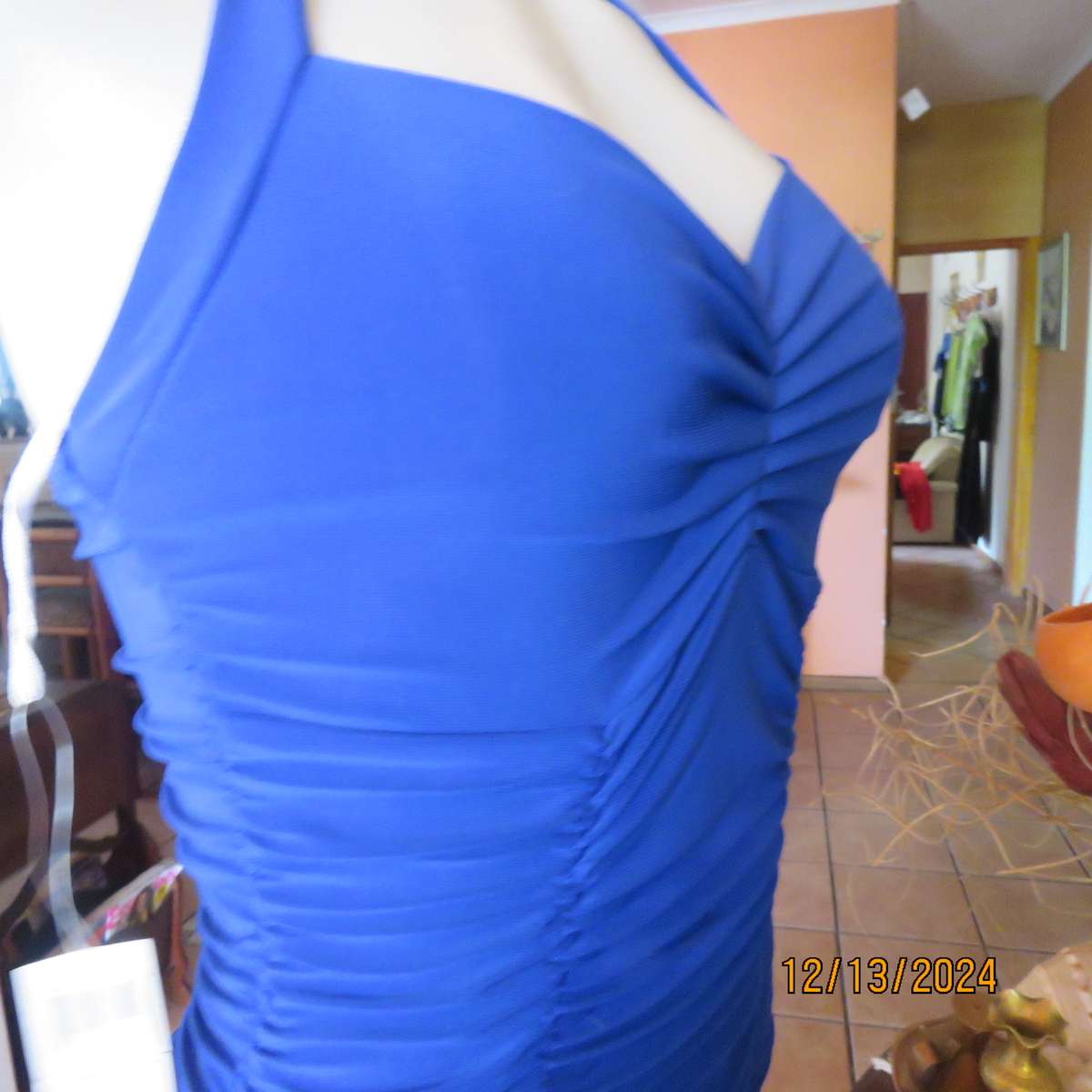 Stunning royal blue stretch polyester bodycon halter neck evening dress.Vertical elasticated.Size 34