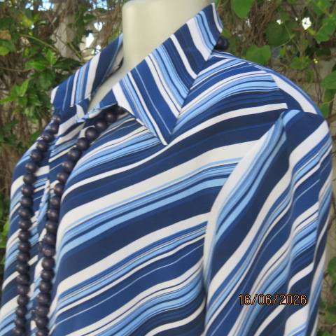 VIBRANCE navy blue and white diagonal striped silky polyester button-down top, size 40