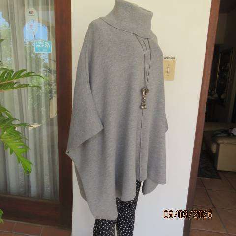 Donatella light grey acrylic knit poncho with high fold-over polo neck, size 38-42