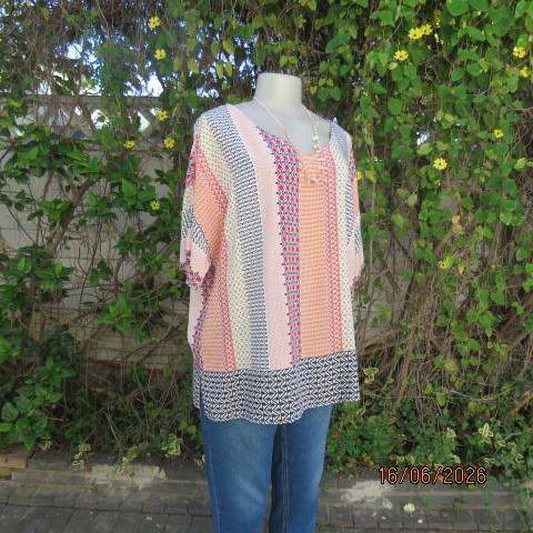 Vertical graphic printed slip-over top in 100% rayon - Red, Black, Yellow & Orange, Size 42