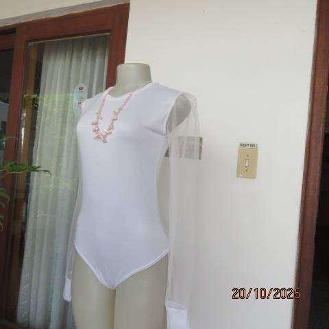 White stretch polyester bodyshirt with sheer sleeves. Press button closure. Size 34.