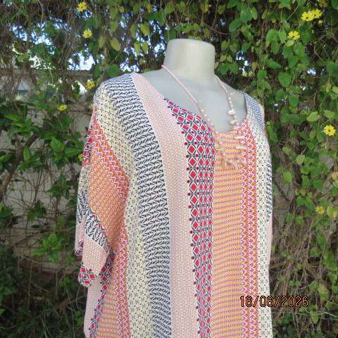 Vertical graphic printed slip-over top in 100% rayon - Red, Black, Yellow & Orange, Size 42