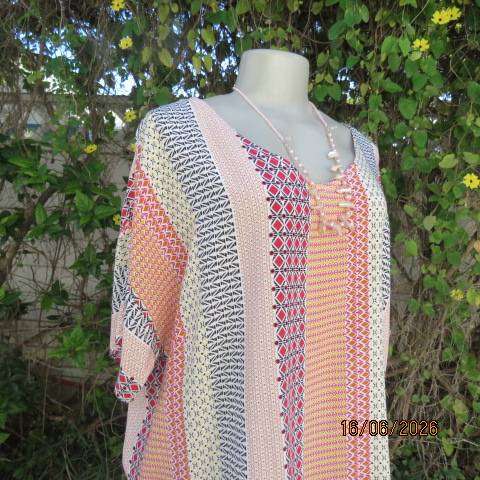 Vertical graphic printed slip-over top in 100% rayon - Red, Black, Yellow & Orange, Size 42