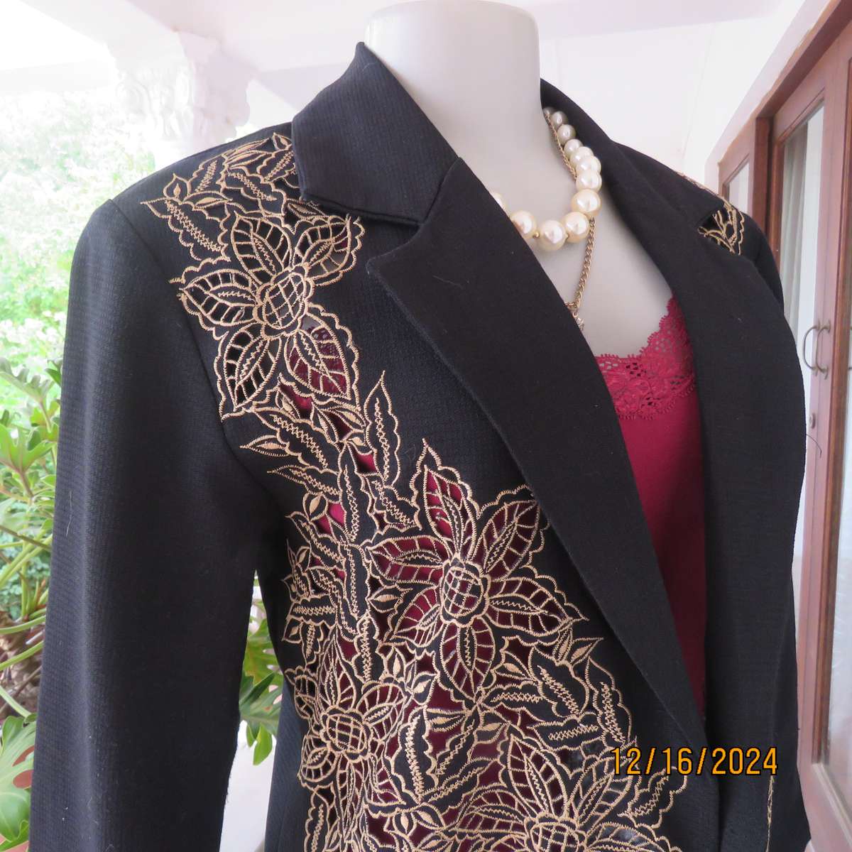 PIKO long sleeve evening jacket with cut-out gold embroidery on fronts.Size 36.Lapel collar.As new