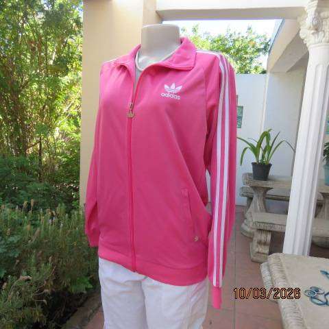 ADIDAS honeysuckle pink zip-up tracksuit top with white stripes, size 34