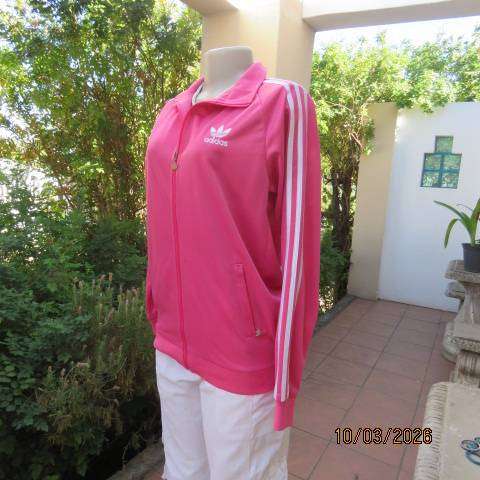ADIDAS honeysuckle pink zip-up tracksuit top with white stripes, size 34