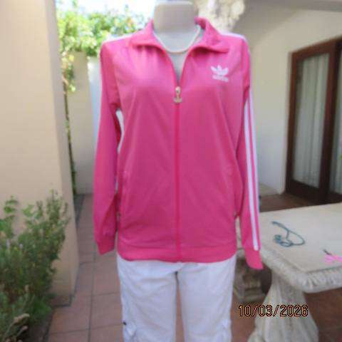 ADIDAS honeysuckle pink zip-up tracksuit top with white stripes, size 34