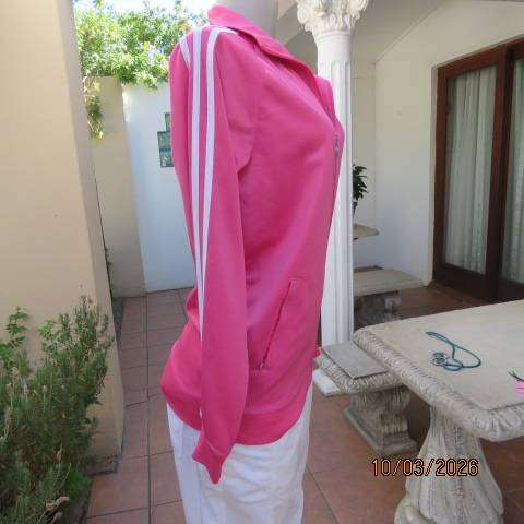 ADIDAS honeysuckle pink zip-up tracksuit top with white stripes, size 34