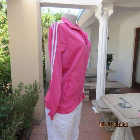 ADIDAS honeysuckle pink zip-up tracksuit top with white stripes, size 34