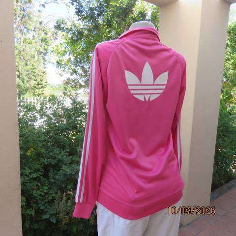 ADIDAS honeysuckle pink zip-up tracksuit top with white stripes, size 34