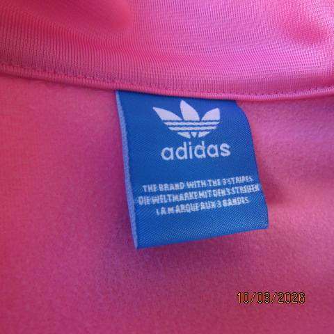 ADIDAS honeysuckle pink zip-up tracksuit top with white stripes, size 34